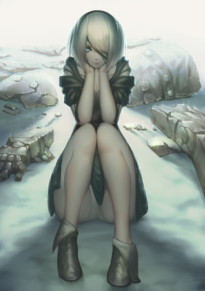 1girl absurdres black_dress black_footwear black_hairband blue_eyes boots breasts cleavage closed_mouth dress full_body hair_over_one_eye hairband highres knees_up leotard leotard_under_clothes looking_at_viewer medium_breasts nier_(series) nier_automata puffy_short_sleeves puffy_sleeves rain short_hair short_sleeves sitting smile solo standing tollrin-senpai torn_blindfold white_leotard yorha_no._2_type_b