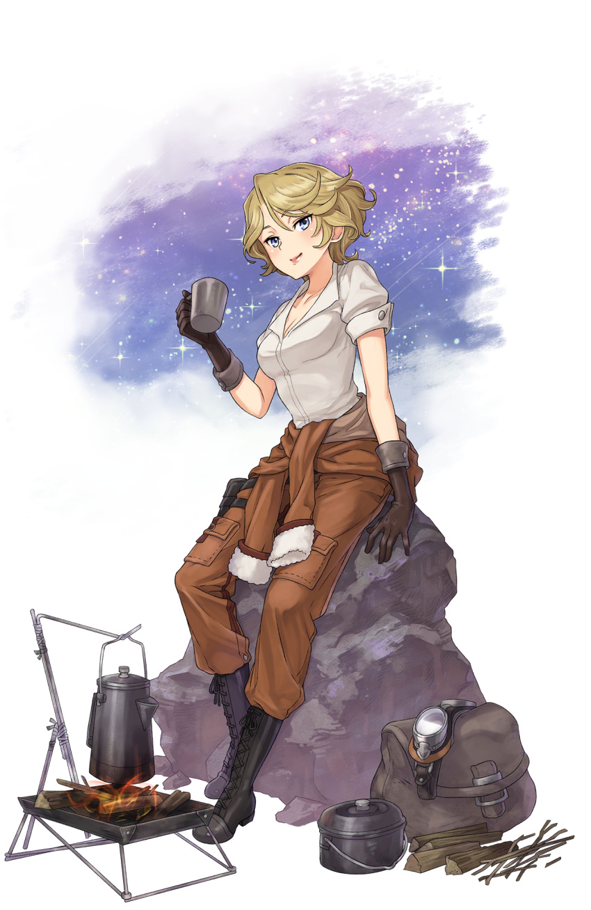 1girl bag black_footwear black_gloves blue_eyes boots breasts cup fire full_body gloves goggles goggles_removed highres holding holding_cup jane_mclean kindling looking_at_viewer medium_breasts night night_sky official_art pilot_suit pocket pot princess_principal princess_principal_game_of_mission rock shirt short_hair sitting sky solo star_(sky) stick tea_kettle transparent_background white_shirt wood
