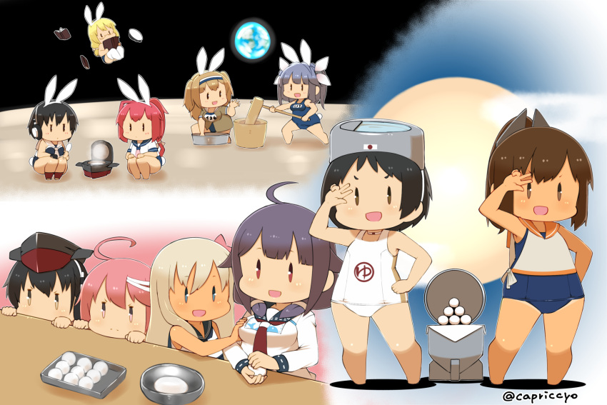 animal_ears blue_swimsuit capriccyo chibi earth food full_body hat highres i-13_(kantai_collection) i-14_(kantai_collection) i-168_(kantai_collection) i-19_(kantai_collection) i-26_(kantai_collection) i-401_(kantai_collection) i-58_(kantai_collection) i-8_(kantai_collection) kantai_collection long_hair mallet maru-yu_(kantai_collection) mochi pose rabbit_ears ro-500_(kantai_collection) school_swimsuit short_ponytail space standing swimsuit taigei_(kantai_collection) tsukimi wagashi white_school_swimsuit white_swimsuit