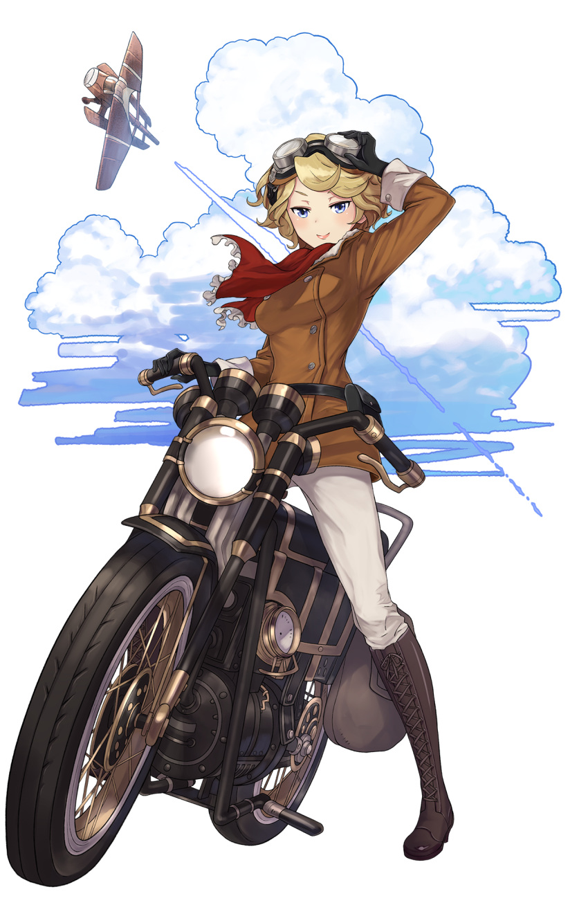 1girl adjusting_goggles aircraft airplane bag black_gloves blue_eyes boots brown_footwear clouds full_body gauge gloves goggles goggles_on_head ground_vehicle highres jane_mclean knee_boots looking_at_viewer motor_vehicle motorcycle official_art pilot_suit pocket princess_principal princess_principal_game_of_mission short_hair smile solo standing transparent_background