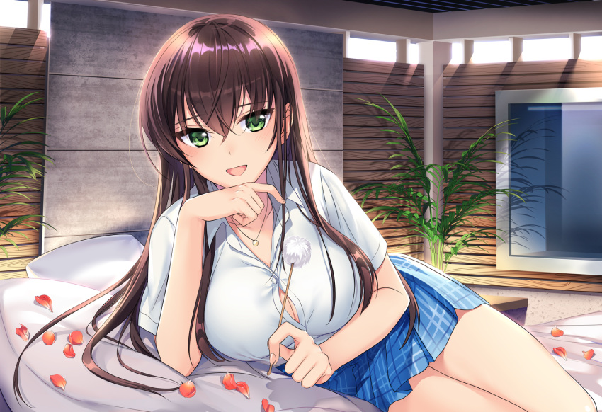 1girl :d blue_skirt breasts brown_hair checkered checkered_skirt choukyou_shoujo cleavage cool_na_jk_ni_babubabu_shitai cowboy_shot green_eyes hair_between_eyes indoors jewelry large_breasts looking_at_viewer lying mochiko_(mochiko3121) necklace on_bed on_side open_mouth palm_tree petals pleated_skirt school_uniform short_sleeves skirt smile solo tree