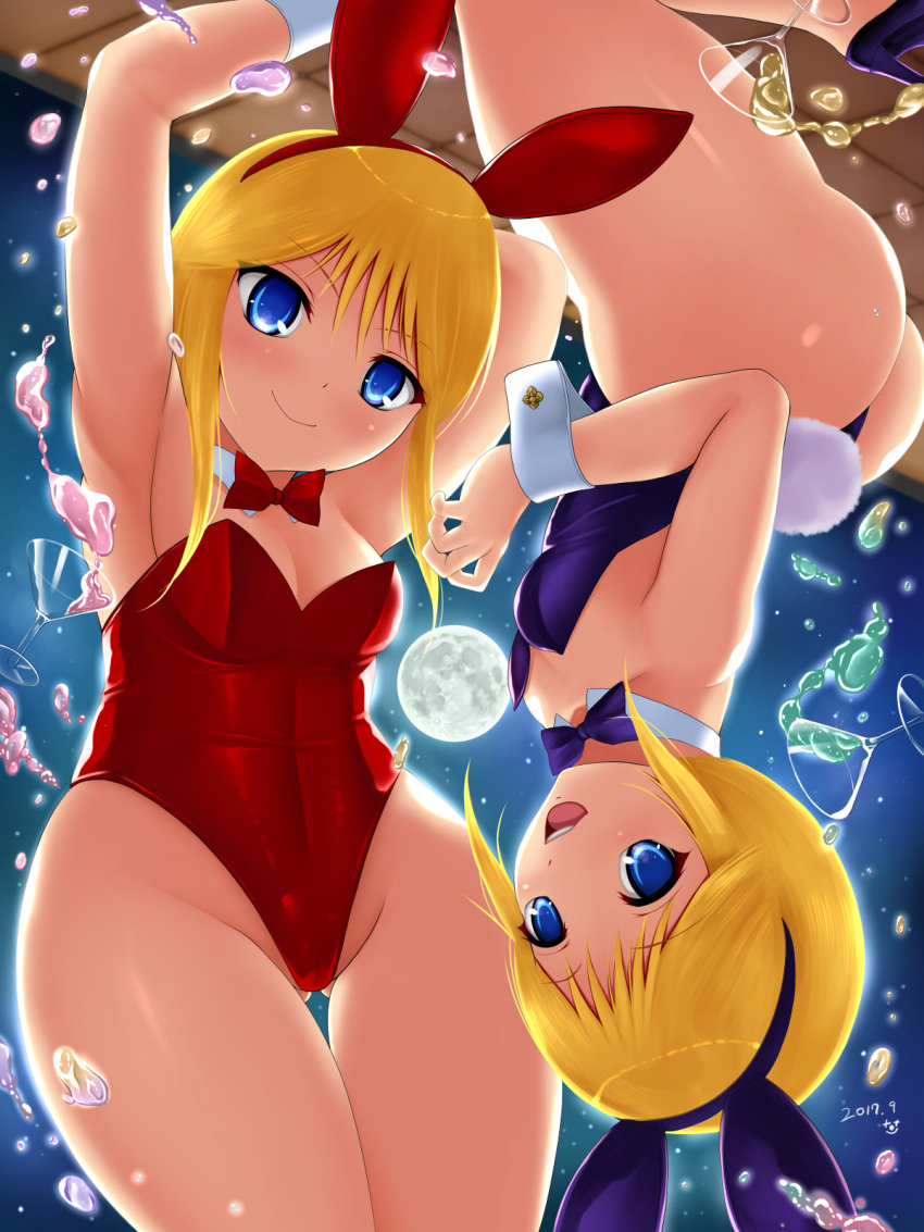 2girls animal_ears ass blue_bow blue_eyes blue_leotard blue_neckwear bow bowtie breasts bunny_tail bunnysuit cowboy_shot cup detached_collar drinking_glass elpeo_puru gluteal_fold gundam gundam_zz highres kujafumi leotard looking_at_viewer moon multiple_girls open_mouth orange_hair puru_two rabbit_ears red_bow red_bowtie red_leotard short_hair small_breasts smile strapless strapless_leotard tail thong_leotard upside-down wine_glass wrist_cuffs