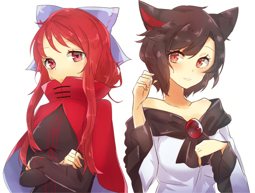 alternate_hair_length alternate_hairstyle animal_ears bare_shoulders black_hair black_shirt blue_bow blush bow breasts brooch closed_mouth commentary_request crossed_arms dress hair_bow imaizumi_kagerou jewelry konnyaku_(yuukachan_51) long_hair long_sleeves looking_at_viewer medium_breasts off-shoulder_dress off_shoulder parted_lips red_eyes redhead sekibanki shirt short_hair smile touhou wolf_ears