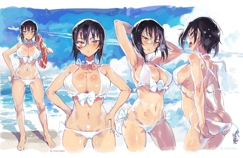 1girl aircraft airplane armpits arms_behind_head ass bangs bare_arms bare_shoulders barefoot beach bikini black_hair blue_eyes blue_sky blush breasts choker cleavage closed_mouth clouds cloudy_sky condensation_trail cowboy_shot cropped_legs day eyebrows_visible_through_hair frown full_body girls_und_panzer hair_between_eyes hand_on_hip hands_on_hips highres innertube kawashima_momo large_breasts looking_at_viewer monocle multiple_views navel norinco outdoors sand shore short_hair short_hair_with_long_locks side-tie_bikini signature sky solo standing strap_gap swimsuit tongue untied untied_bikini white_bikini