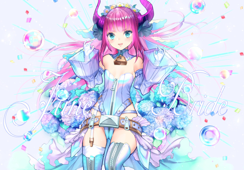 1girl adapted_costume asymmetrical_horns asymmetrical_legwear belt blue_eyes cosplay detached_sleeves dragon_girl fate/extra fate/extra_ccc fate_(series) flat_chest gloves horns lancer_(fate/extra_ccc) lock long_hair looking_at_viewer padlock pink_hair pointy_ears saber_bride saber_bride_(cosplay) saber_extra solo tamaki_mitsune zipper