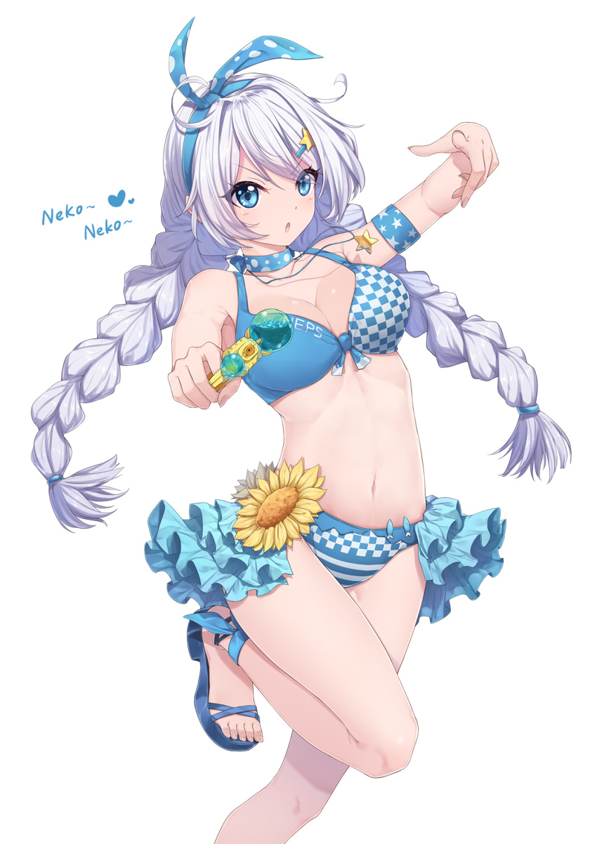 &gt;:o 1girl :o aiming_at_viewer benghuai_xueyuan bent_knee bikini blue_bikini blue_eyes braid breasts choker cleavage flower hair_ornament hairband hairclip highres honkai_impact jewelry kiana_kaslana large_breasts long_hair looking_at_viewer navel necklace neps-l pointing pointing_at_viewer silver_hair solo standing standing_on_one_leg star star_hair_ornament star_necklace sunflower swimsuit twin_braids very_long_hair water_gun white_background