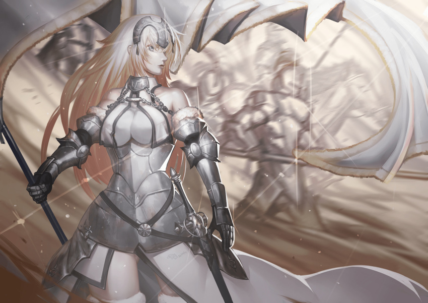 1girl absurdres armor armored_dress bangs bare_shoulders blonde_hair blue_eyes blurry breasts closed_mouth cowboy_shot depth_of_field fate/grand_order fate_(series) faulds flag from_side gauntlets gluteal_fold headpiece highres knight long_hair looking_away medium_breasts profile ruler_(fate/apocrypha) sheath sheathed solo_focus sword thigh-highs tollrin-senpai very_long_hair weapon