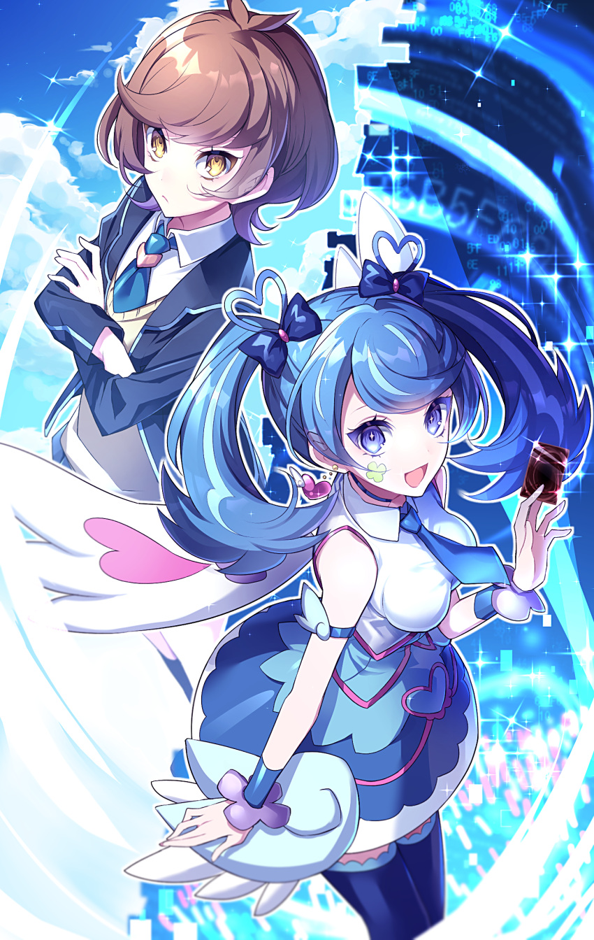 2girls blue_angel blue_eyes blue_hair blue_neckwear brown_hair card clouds cloudy_sky earrings facial_tattoo frown heart heart_earrings highres jewelry looking_at_viewer multiple_girls necktie playing_card school_uniform short_hair sky smile sparkling_eyes tattoo thigh-highs twintails wings yellow_eyes yu-gi-oh! yuu-gi-ou_vrains yuui1994 zaizen_aoi zettai_ryouiki