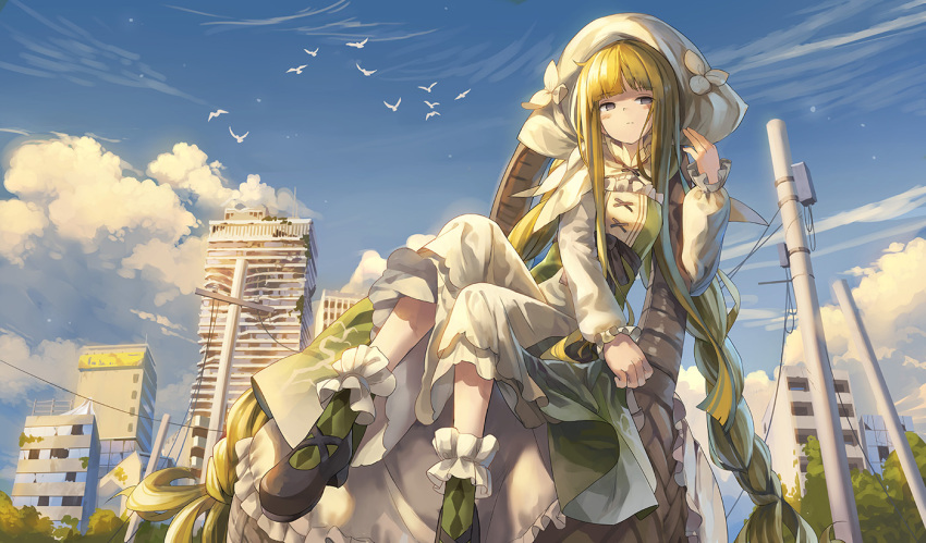 1girl absurdly_long_hair argyle argyle_legwear bird black_footwear blonde_hair blue_sky building cable clouds day flock forever_7th_capital hand_up huanxiang_huifeng long_hair power_lines ruins shoes sitting sky skyscraper solo tagme very_long_hair