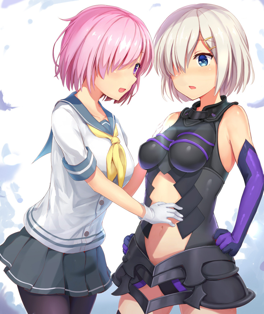 2girls arms_up bare_shoulders black_gloves black_leotard black_skirt blue_eyes blush breasts cosplay costume_switch elbow_gloves fate/grand_order fate_(series) gloves hair_ornament hair_over_one_eye hairclip hamakaze_(kantai_collection) hamakaze_(kantai_collection)_(cosplay) hand_on_another's_shoulder hand_on_another's_stomach highres kantai_collection leotard maeshimashi medium_breasts multiple_girls navel_cutout neckerchief open_mouth pantyhose pink_hair pleated_skirt purple_gloves school_uniform serafuku shielder_(fate/grand_order) shielder_(fate/grand_order)_(cosplay) shirt short_hair short_sleeves silver_hair skirt smile violet_eyes white_background white_gloves white_shirt yellow_neckerchief