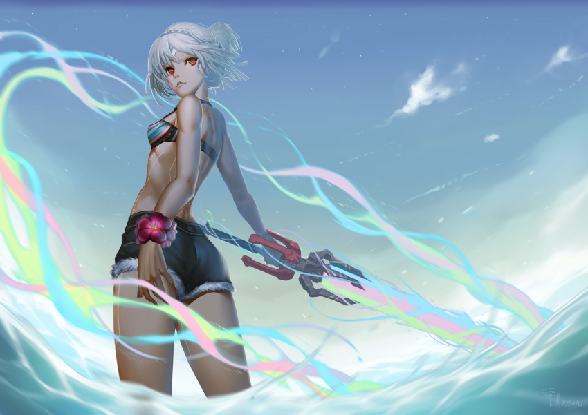 1girl absurdres altera_(fate) ass bare_shoulders blue_sky breasts closed_mouth cowboy_shot cutoffs dark_skin day denim denim_shorts energy_sword fate/extella fate/extra fate/grand_order fate_(series) highres holding holding_sword holding_weapon looking_at_viewer outdoors red_eyes short_hair short_shorts shorts sky small_breasts solo sword tollrin-senpai wading weapon white_hair