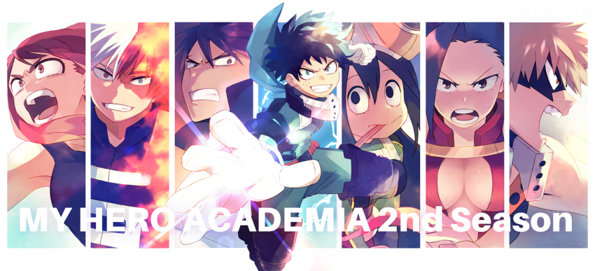 3girls 4boys asui_tsuyu bakugou_katsuki boku_no_hero_academia full_body iida_tenya midoriya_izuku multiple_boys multiple_girls simple_background text todoroki_shouto uraraka_ochako white_background yaoyorozu_momo