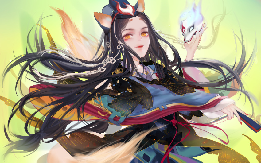 1boy androgynous animal_ears black_hair commentary_request fan folding_fan fox_mask fox_tail grin hat highres holding holding_fan holding_mask japanese_clothes kimono long_hair long_sleeves looking_at_viewer male_focus mask mask_removed multiple_tails nail_polish onmyoji parted_lips qidai red_nails smile solo standing tail trap wide_sleeves yellow_background yellow_eyes