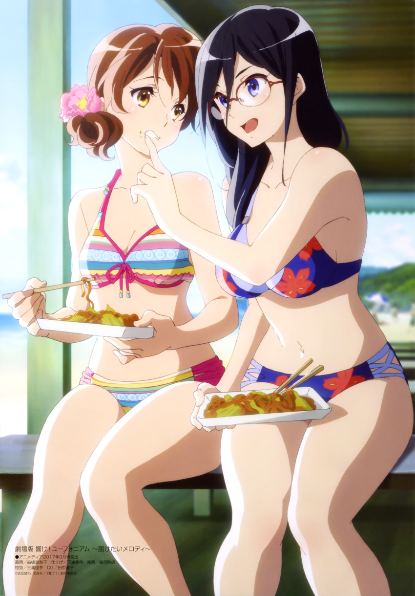 2girls absurdres alternate_hairstyle bare_shoulders beach bikini black_hair blue_bikini blue_eyes breasts brown_hair chopsticks cleavage finger_to_another's_mouth floral_print flower food food_on_face food_request glasses hair_between_eyes hair_flower hair_ornament hibike!_euphonium highres large_breasts legs_together long_hair looking_at_another medium_breasts megami multiple_girls navel official_art open_mouth oumae_kumiko outdoors red-framed_eyewear semi-rimless_glasses shiny shiny_hair short_hair side_ponytail sitting smile striped striped_bikini swimsuit takahashi_mariko tanaka_asuka teeth