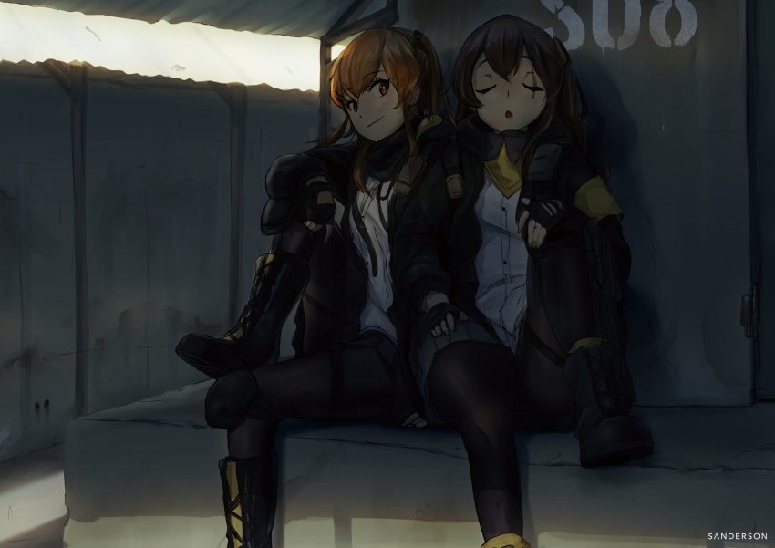 2girls absurdres against_wall armband artist_name black_legwear boots brown_eyes brown_hair closed_eyes fingerless_gloves girls_frontline gloves hair_between_eyes hand_on_own_knee highres looking_at_another looking_to_the_side multiple_girls one_leg_raised open_mouth pantyhose sanderson scar scar_across_eye shade shirt siblings sisters sitting sleeping smile ump45_(girls_frontline) ump9_(girls_frontline) white_shirt