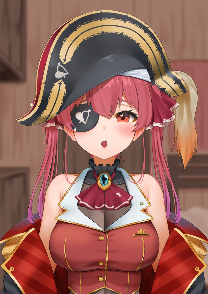 1girl ascot bangs bare_shoulders bicorne black_coat black_headwear blurry blurry_background blush bodystocking breasts coat commentary_request depth_of_field eyebrows_visible_through_hair eyepatch hair_between_eyes hair_ribbon hat highres hololive houshou_marine indoors jacket large_breasts long_hair looking_at_viewer off_shoulder ootsuka_you open_clothes open_coat open_mouth pirate_hat red_eyes red_jacket red_neckwear red_ribbon redhead ribbon sleeveless sleeveless_jacket solo twintails upper_body virtual_youtuber