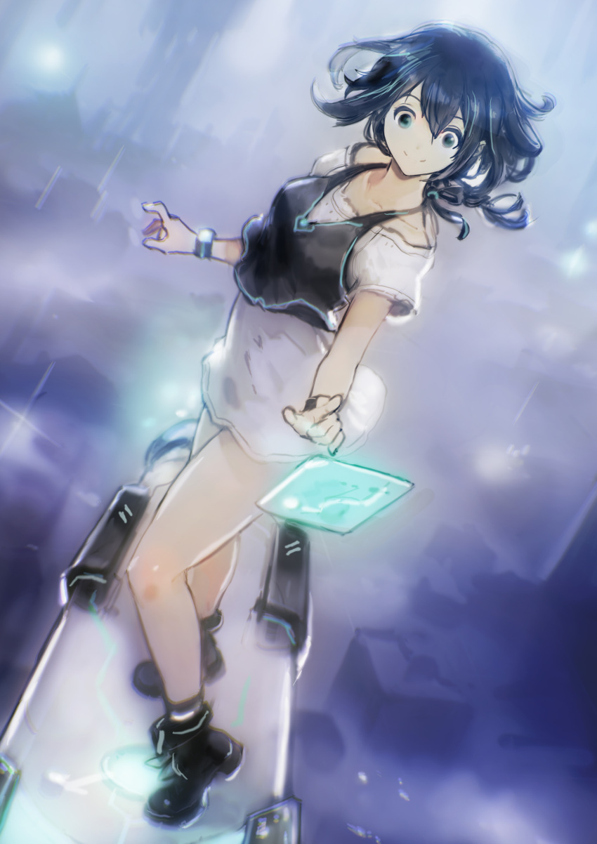 1girl absurdres black_hair bracelet city dress flying green_eyes highres holographic_interface hover_board jewelry okuto original short_hair smile solo standing