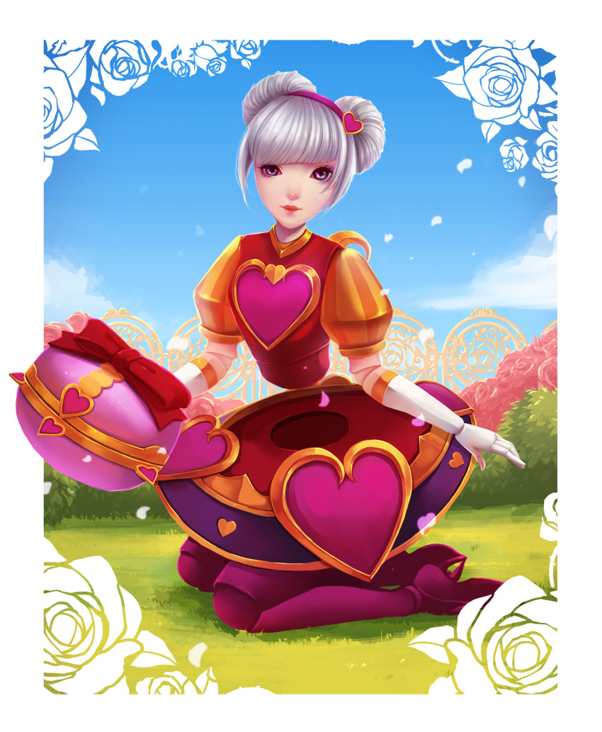 1girl absurdres alternate_costume alternate_hair_color blue_sky bush clouds day doll_joints double_bun full_body grass hairband heartseeker_orianna highres kneeling league_of_legends looking_at_viewer orianna_reveck sky solo violet_eyes white_hair
