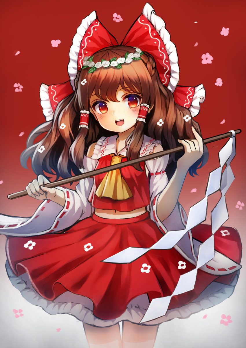 1girl absurdres bow brown_hair detached_sleeves flower gohei gradient gradient_background hair_bow hair_tubes hakurei_reimu head_wreath highres holding long_hair looking_at_viewer midriff navel pyonsuke_(pyon2_mfg) red_background red_bow red_eyes red_skirt ribbon-trimmed_sleeves ribbon_trim shide skirt skirt_set smile solo standing touhou vest white_background