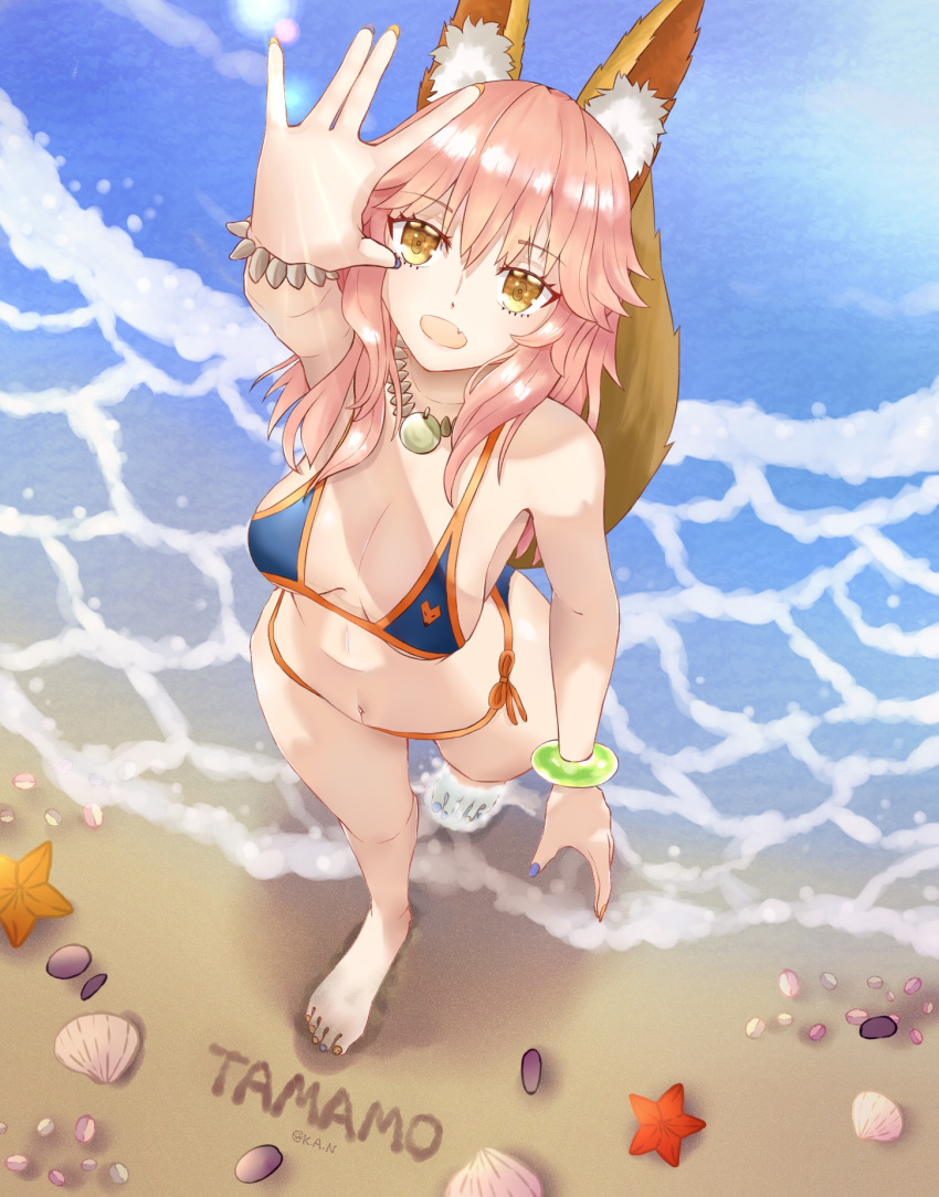 1girl animal_ears bikini blue_bikini breasts character_name cleavage fang fate/grand_order fate_(series) fox_ears fox_tail highres k.a.n long_hair looking_at_viewer looking_up nail_polish ocean open_mouth outdoors pink_hair side-tie_bikini solo summer swimsuit tail tamamo_(fate)_(all) tamamo_no_mae_(swimsuit_lancer)_(fate) yellow_eyes