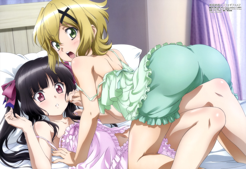 10s 2girls absurdres akatsuki_kirika ass bare_shoulders bed black_hair blonde_hair blush breasts camisole chemise collarbone frills from_behind green_eyes hair_ornament highres indoors kitagawa_daisuke long_hair looking_at_viewer looking_back lying megami multiple_girls navel official_art on_back on_bed on_person open_mouth pajamas parted_lips pink_eyes senki_zesshou_symphogear shiny shiny_hair short_hair small_breasts strap_slip surprised teeth tsukuyomi_shirabe twintails x_hair_ornament yuri