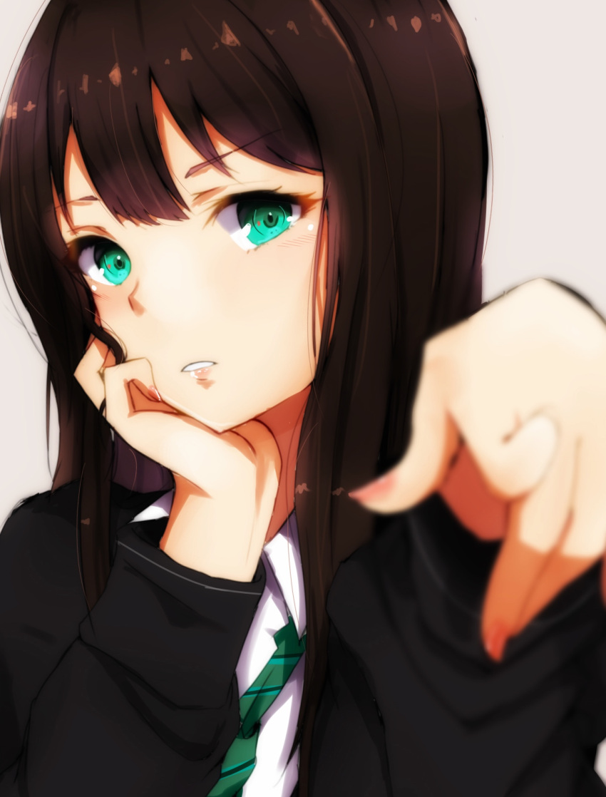 1girl brown_hair cardigan eyebrows_visible_through_hair green_eyes highres idolmaster idolmaster_cinderella_girls long_hair necktie parted_lips pointing school_uniform shibuya_rin solo