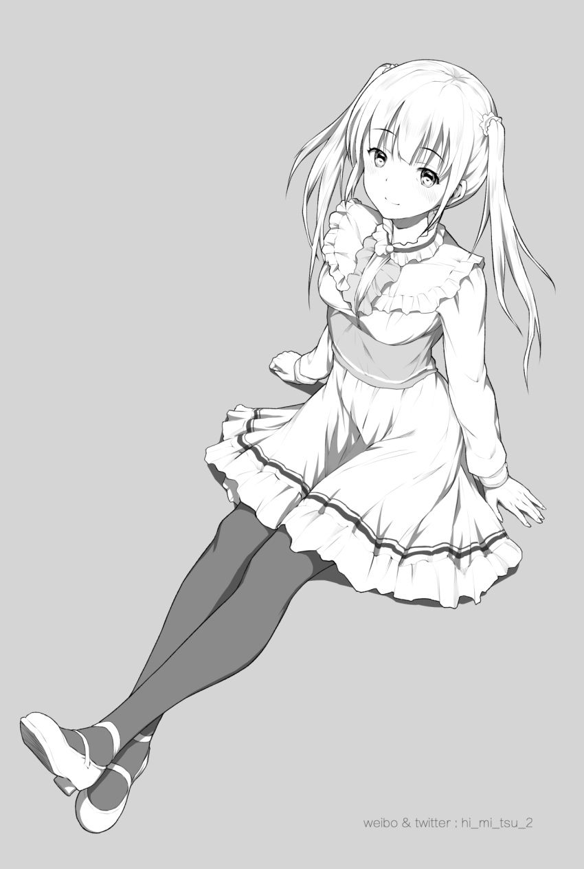 1girl arms_at_sides bangs blunt_bangs blush breasts closed_mouth dress eyebrows_visible_through_hair frilled_shirt_collar frills full_body grey_background greyscale hair_ornament hair_scrunchie highres invisible_chair legs_together long_hair long_sleeves looking_at_viewer medium_breasts monochrome original pantyhose sash scrunchie shoes simple_background sitting smile solo tareme tokinohimitsu twitter_username two_side_up weibo_username