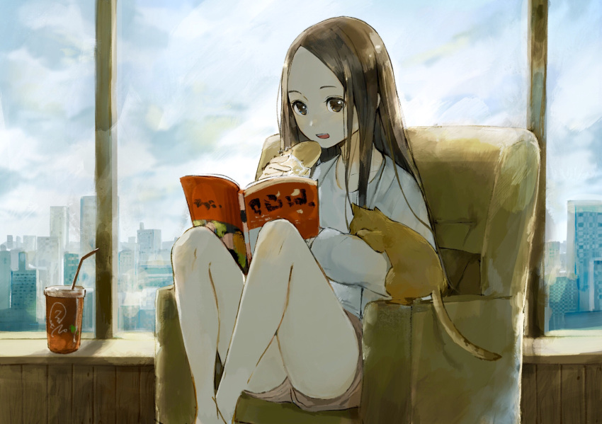 1girl animal_on_arm armchair bare_legs barefoot blue_sky blush book brown_eyes brown_hair cat chair cityscape clouds cloudy_sky cup day drinking_glass drinking_straw eating feet_out_of_frame food highres holding holding_food indoors long_hair long_sleeves loungewear open_book open_mouth original pink_shorts reading sako_(user_ndpz5754) shirt short_shorts shorts sitting sky solo white_shirt window