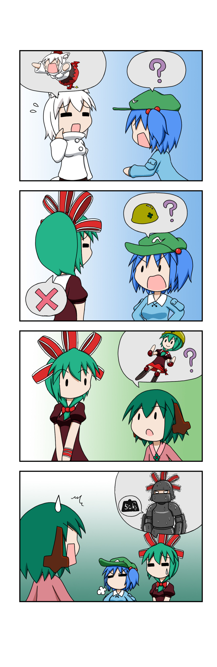 4girls 4koma ? absurdres armor blue_hair comic geta green_hair helmet highres inubashiri_momiji kagiyama_hina kasodani_kyouko kawashiro_nitori multiple_girls rakugaki-biyori silent_comic spoken_person spoken_question_mark sweatdrop touhou white_hair