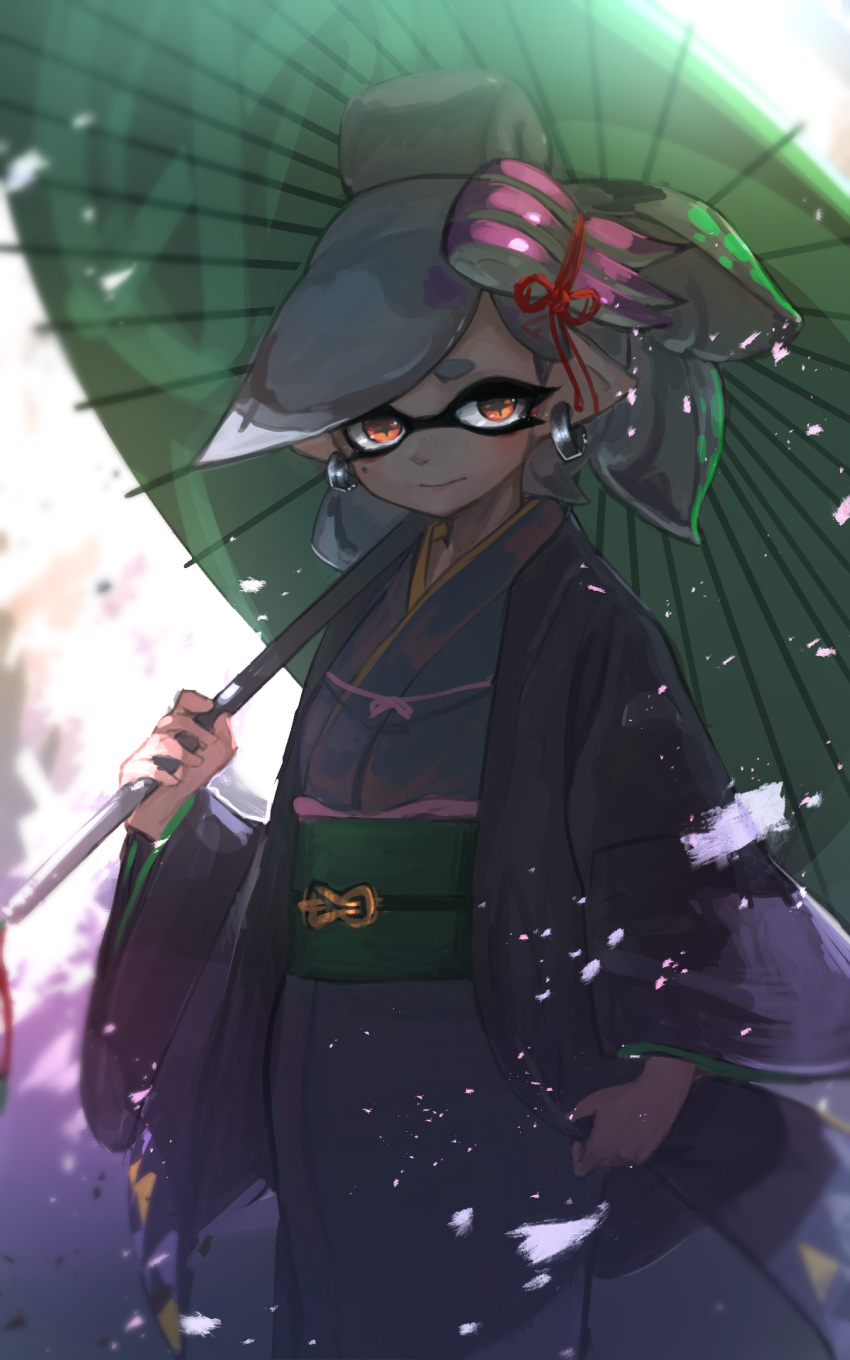 1girl blush domino_mask earrings grey_hair hair_ornament highres hoop_earrings hotaru_(splatoon) japanese_clothes jewelry kashu_(hizake) kimono long_sleeves looking_at_viewer mask mole mole_under_eye pointy_ears red_eyes solo splatoon splatoon_2 tentacle_hair tied_hair umbrella wide_sleeves