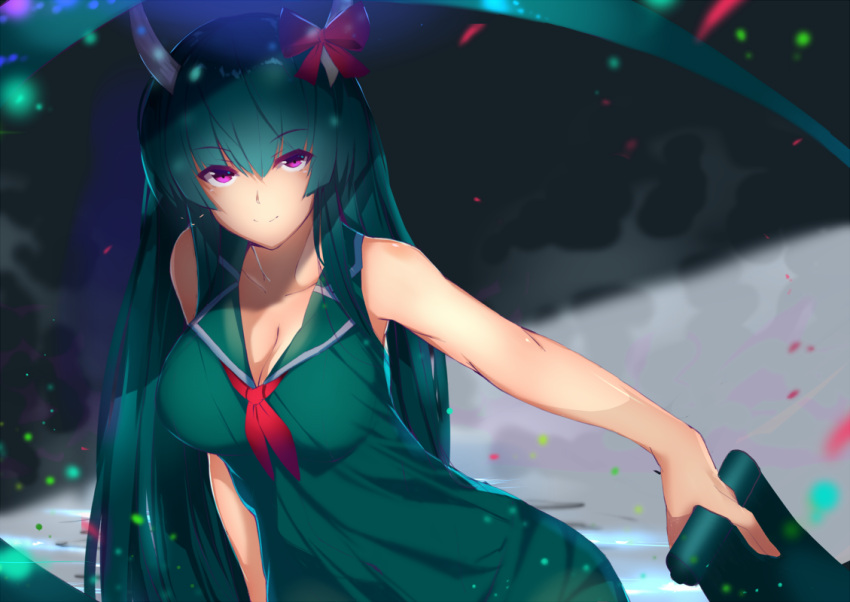 1girl bangs bare_arms breasts cleavage dress ex-keine green_dress green_hair holding horn_ribbon horns kamishirasawa_keine large_breasts long_hair looking_at_viewer outdoors red_ribbon ribbon saisarisu scroll sleeveless sleeveless_dress smile solo touhou umbrella very_long_hair