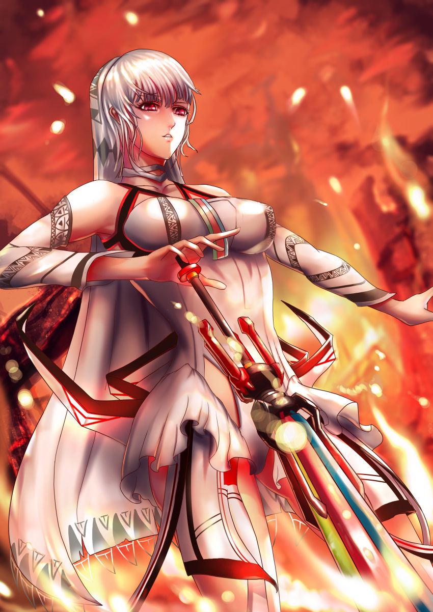 1girl absurdres altera_(fate) bangs bare_shoulders blurry breasts cowboy_shot dark_skin depth_of_field detached_sleeves fate/extella fate/extra fate_(series) highres holding holding_sword holding_weapon huihui_(d0250028020) long_sleeves looking_away medium_breasts midriff navel parted_lips red_eyes short_hair solo sword tattoo veil weapon white_hair