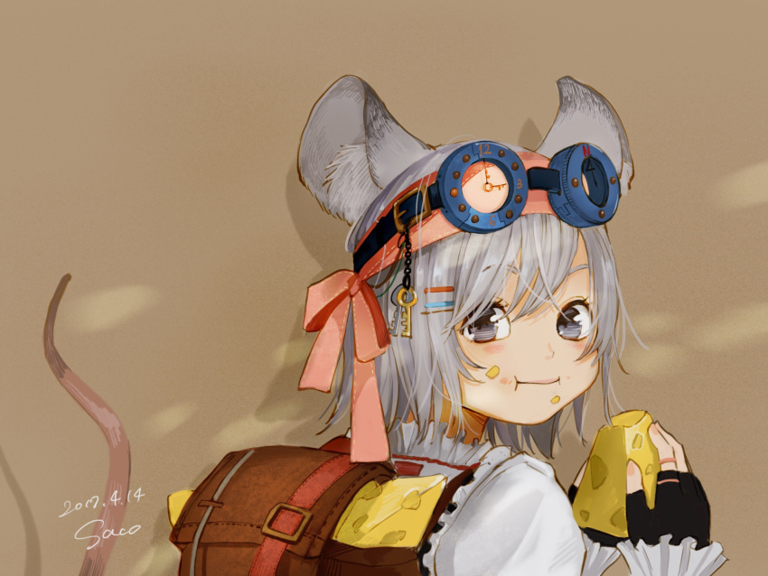 1girl animal_ears backpack bag bangs black_gloves blush brown_background cheese commentary dated eating eyebrows_visible_through_hair fingerless_gloves food food_in_mouth gloves goggles goggles_on_head grey_eyes grey_hair hair_between_eyes hair_ornament hairclip headband highres holding holding_food keychain long_sleeves looking_at_viewer looking_back mouse_ears mouse_tail original sako_(user_ndpz5754) shirt short_hair signature smile tail white_shirt