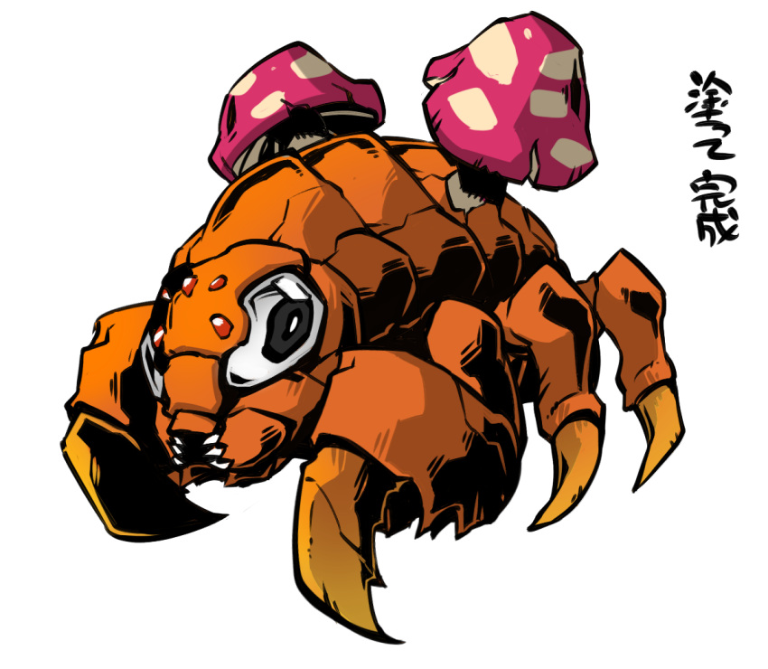 carapace commentary_request fangs fukurou_(owl222) full_body grey_eyes looking_at_viewer mushroom no_humans paras pokemon pokemon_(creature) simple_background translation_request white_background