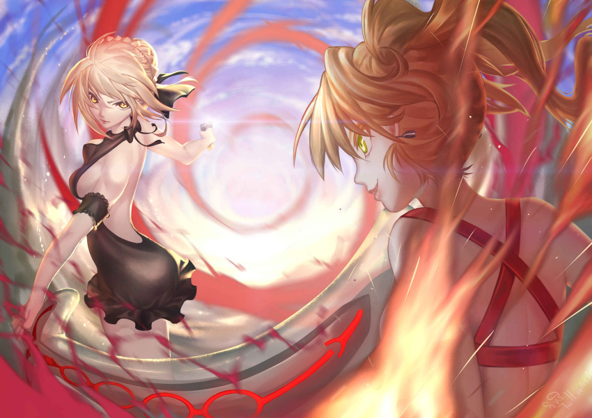 &gt;:( 2girls absurdres artoria_pendragon_(all) artoria_pendragon_(swimsuit_rider_alter)_(fate) backless_outfit bangs bare_back battle black_dress blonde_hair breasts closed_mouth cowboy_shot criss-cross_halter dress fate/grand_order fate_(series) green_eyes hair_ribbon halter_dress halterneck highres holding holding_sword holding_weapon long_hair looking_at_another multiple_girls nero_claudius_(swimsuit_caster)_(fate) ribbon saber_extra short_dress sideboob small_breasts smile sword tollrin-senpai twintails upper_body weapon yellow_eyes