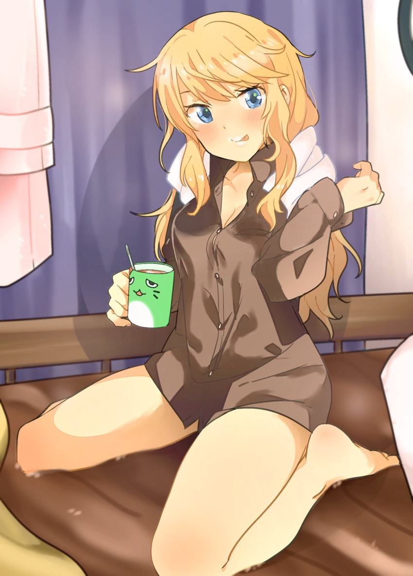 1girl 216_zig bangs blonde_hair blue_eyes blush breasts brown_shirt cleavage commentary_request cup dress_shirt feet hand_up highres holding holding_cup idolmaster idolmaster_cinderella_girls indoors legs licking_lips long_hair looking_at_viewer milk_mustache mug no_pants ootsuki_yui pina_korata shirt sitting smile solo swept_bangs thighs tongue tongue_out towel towel_around_neck wariza wavy_hair