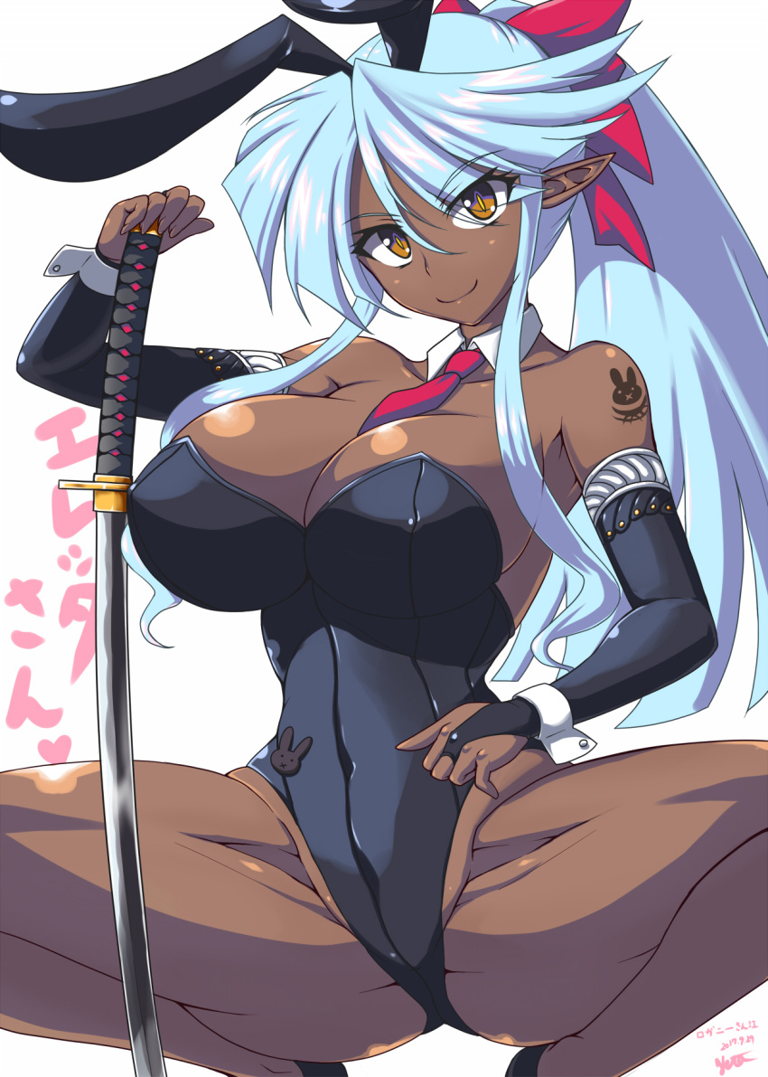 1girl animal_ears bare_shoulders between_breasts black_leotard blue_hair borrowed_character breasts bunnysuit closed_mouth covered_navel dark_elf dark_skin detached_collar detached_sleeves elf erect_nipples fake_animal_ears highleg highleg_leotard highres holding holding_sword holding_weapon katana large_breasts leotard long_hair looking_at_viewer necktie necktie_between_breasts nishiumi_yuuta original pointy_ears ponytail rabbit_ears red_necktie smile solo spread_legs squatting sword tattoo weapon yellow_eyes