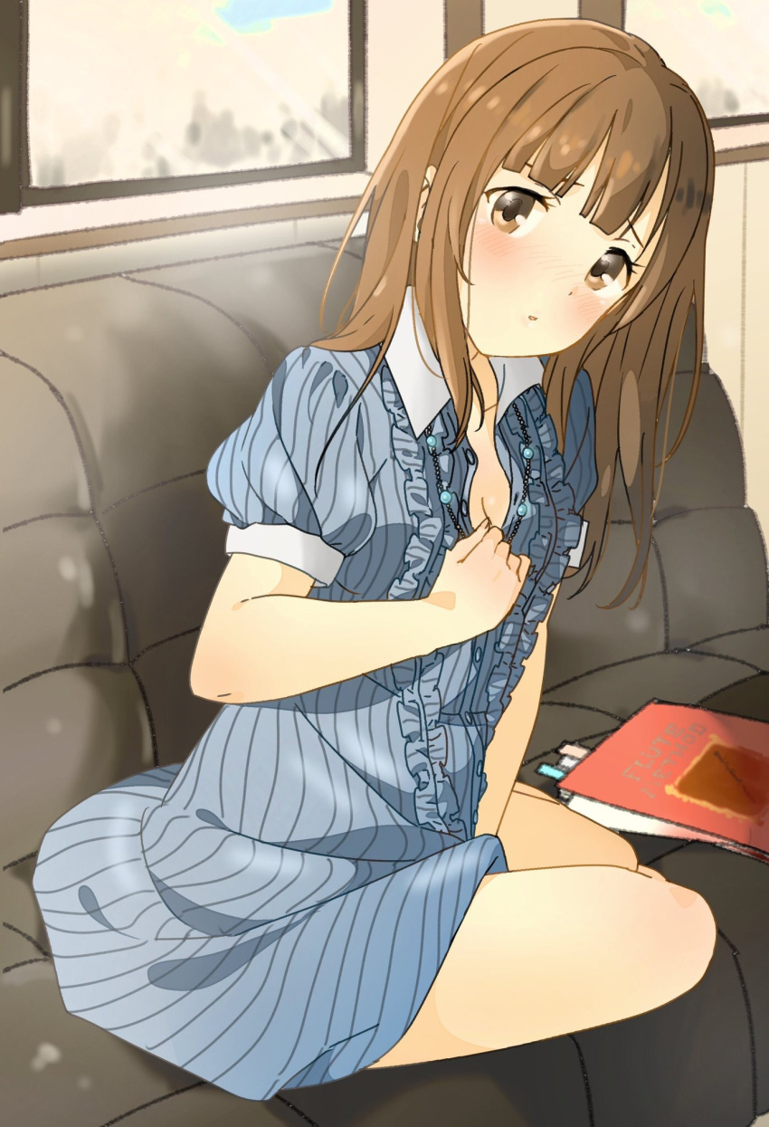 1girl 216_zig bangs bead_necklace beads between_legs blue_dress blush breasts brown_eyes brown_hair cleavage commentary_request couch dress frills hand_between_legs hand_on_own_chest head_tilt highres idolmaster idolmaster_cinderella_girls indoors jewelry long_hair looking_at_viewer mizumoto_yukari necklace notebook on_couch parted_lips puffy_short_sleeves puffy_sleeves short_sleeves sitting small_breasts solo thighs