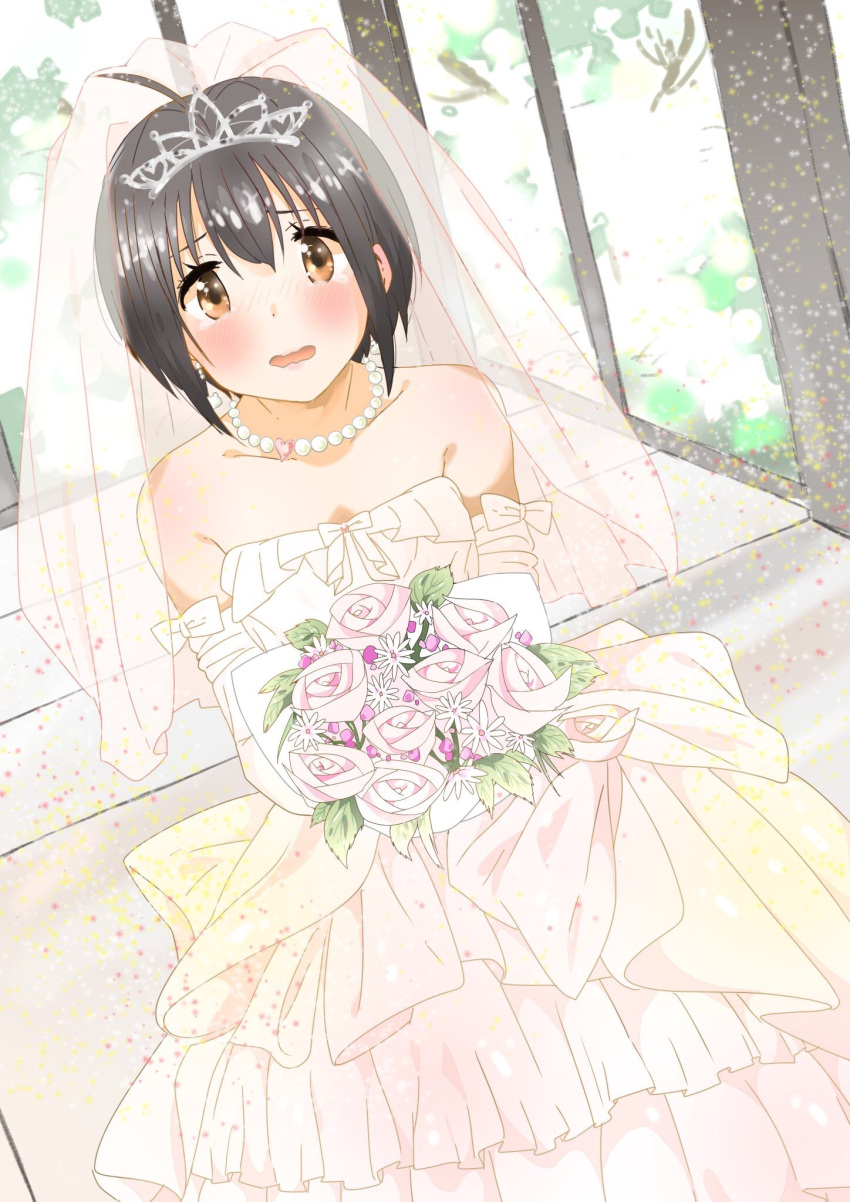 1girl 216_zig ahoge bangs bare_shoulders black_hair blush bouquet bow bridal_veil brown_eyes collarbone commentary_request dress earrings elbow_gloves flower gloves heart highres idolmaster idolmaster_cinderella_girls jewelry kohinata_miho looking_at_viewer necklace open_mouth pearl_necklace short_hair solo tearing_up tiara veil wavy_mouth wedding_dress white_gloves