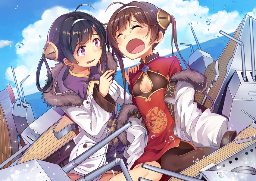 2girls ahoge alter_(pixiv16866883) azur_lane black_hair breasts brown_hair cannons chinese_clothes clouds crying fang hair_ornament headband jacket medium_breasts multiple_girls ning_hai_(azur_lane) ocean open_mouth ping_hai_(azur_lane) siblings sky small_breasts thigh-highs twintails violet_eyes weapon wreckage