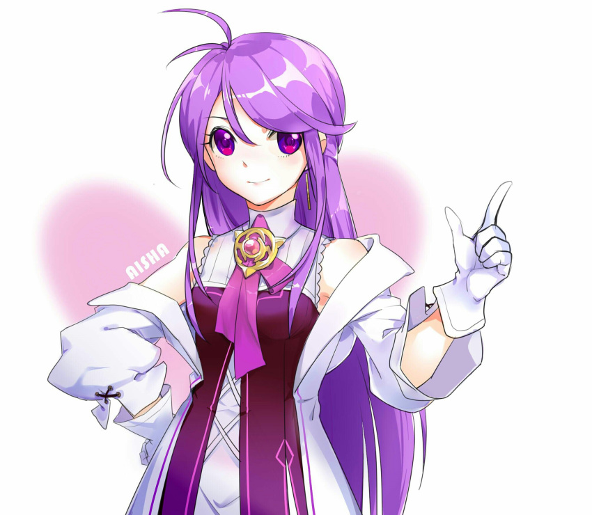 1girl ahoge aisha_(elsword) artist_request bare_shoulders collared_shirt colored earrings elsword frills gloves hand_up highres jacket jewelry long_hair necktie puffy_short_sleeves puffy_sleeves purple_hair shirt short_sleeves sidelocks smile solo tie_clip violet_eyes white_background