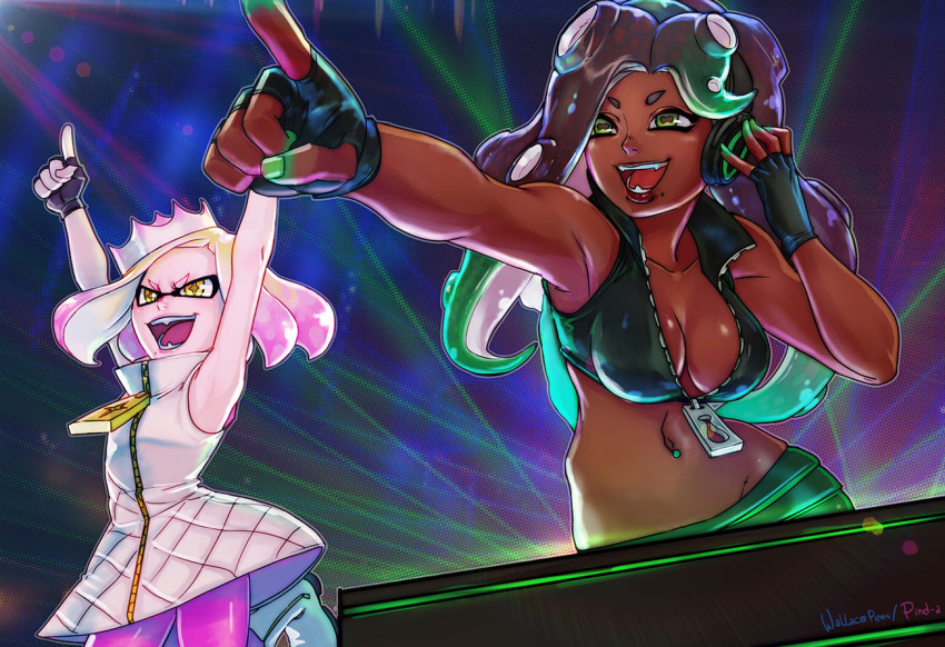 &gt;:d 2girls :d armpits arms_up bare_arms breasts cleavage concert crop_top crown domino_mask dress fang fingerless_gloves gloves green_eyes green_hair green_nails headphones hime_(splatoon) iida_(splatoon) jumping lipstick makeup mask medium_breasts midriff mini_crown multicolored_hair multiple_girls nail_polish navel navel_piercing open_mouth pantyhose partially_unzipped phonograph piercing pink_hair pink_legwear pointing purple_hair sleeveless sleeveless_dress small_breasts smile splatoon splatoon_2 symbol-shaped_pupils teeth turntable two-tone_hair wallace_pires white_hair yellow_eyes zipper