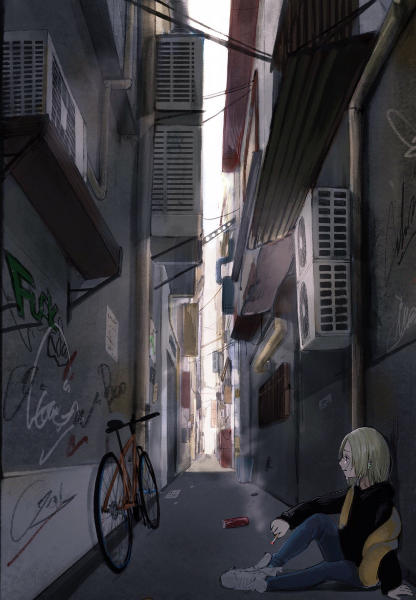 1girl air_conditioner alley arm_support bicycle black_shirt blonde_hair blue_pants can cigarette closed_mouth commentary_request crying denim ear_piercing elbow_on_knee from_side graffiti ground_vehicle highres holding holding_cigarette jeans long_sleeves original pants piercing profile sako_(user_ndpz5754) scarf shirt shoes short_hair sitting smoke solo tears white_shoes
