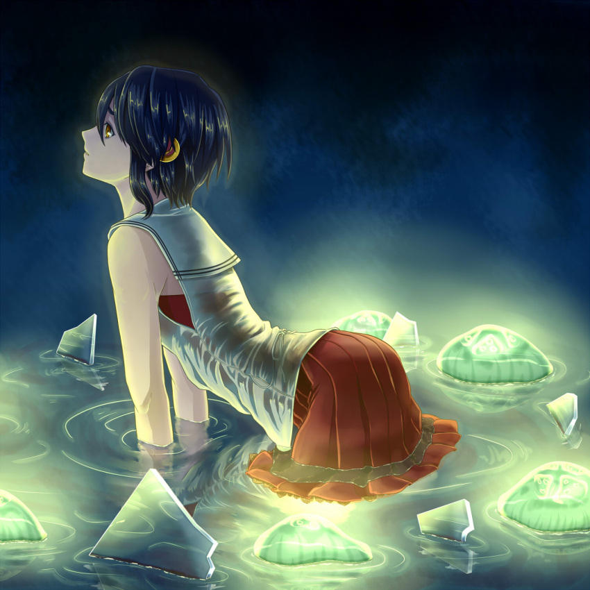 1girl all_fours anchor_print blue_background broken_glass brown_eyes commentary_request from_side full_body glass glowing hair_between_eyes hair_ornament highres jellyfish looking_to_the_side matsusatoru_kouji nakanobe_mayumi official_art parted_lips pleated_skirt profile red_skirt reflection ripples sailor_collar see-through shirt shizuku_no_oto short_hair skirt sleeveless sleeveless_shirt water wet wet_clothes wet_shirt white_shirt