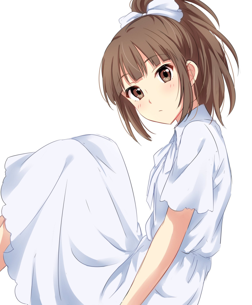 1girl bangs blunt_bangs blush bow brown_eyes brown_hair closed_mouth dress eyebrows_visible_through_hair feet_out_of_frame from_side hair_bow highres hisami_nanami looking_at_viewer looking_to_the_side ponytail sekina short_sleeves simple_background sitting solo wake_up_girls! white_background white_bow white_dress