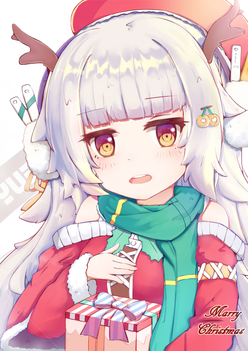 1girl absurdres alternate_costume artist_request azur_lane blush christmas christmas_gift earmuffs graphite_(medium) grey_eyes hair_ornament hairclip highres looking_at_viewer merry_christmas open_mouth santa_costume scarf silver_hair solo traditional_media z46_(azur_lane)