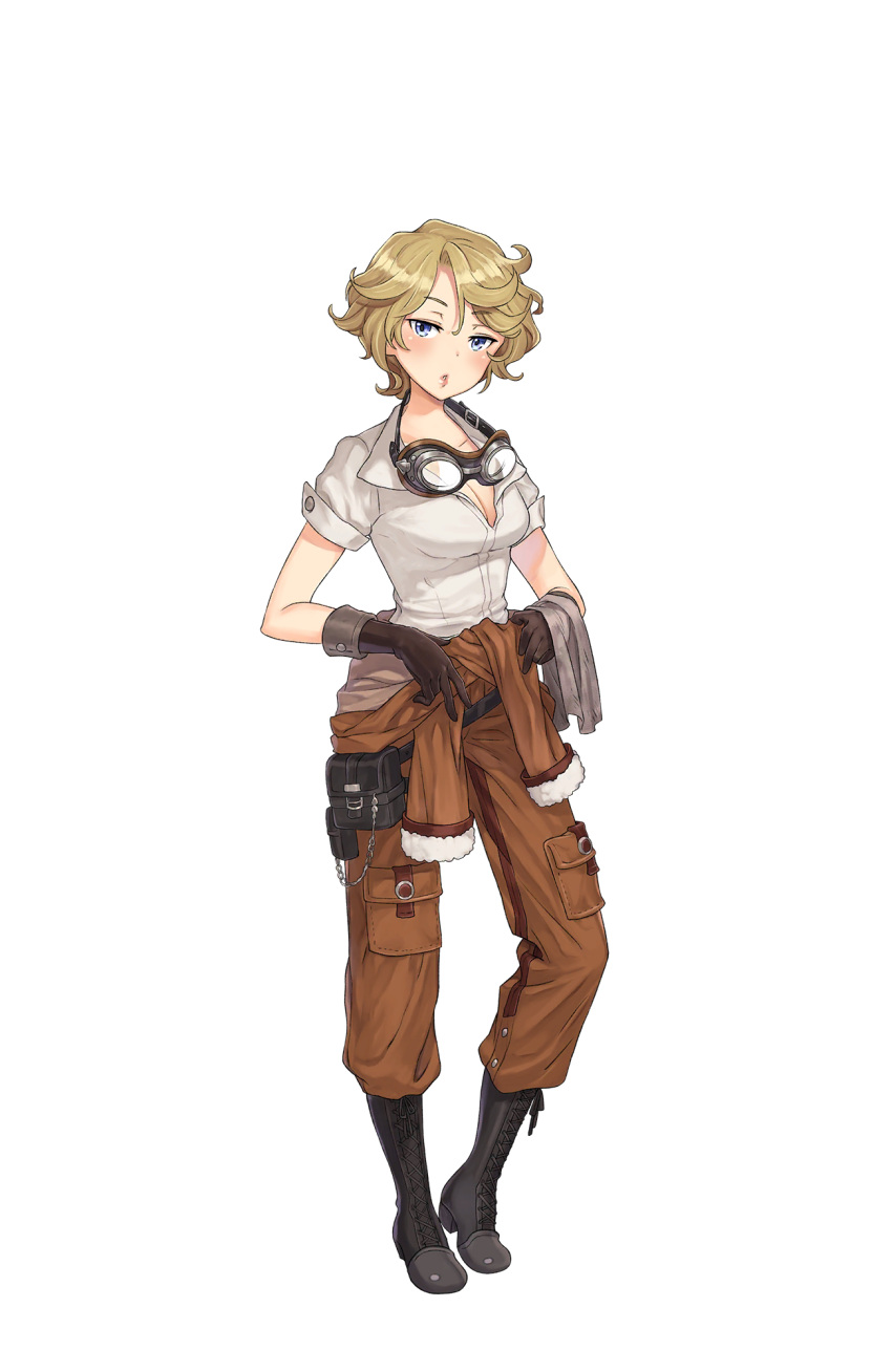 1girl black_footwear black_gloves blue_eyes boots breasts cleavage full_body gloves goggles goggles_around_neck highres jane_mclean looking_at_viewer medium_breasts official_art pouch princess_principal princess_principal_game_of_mission shirt short_hair solo standing white_shirt