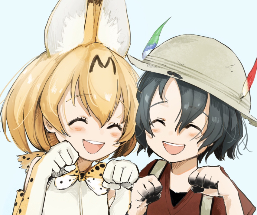 2girls :d animal_ears aqua_background backpack bag black_hair blonde_hair blush bow bowtie bucket_hat closed_eyes closed_mouth commentary_request dirty elbow_gloves eyebrows_visible_through_hair gloves hair_between_eyes hat hat_feather highres kaban_(kemono_friends) kemono_friends multiple_girls open_mouth paw_pose red_shirt sako_(user_ndpz5754) serval_(kemono_friends) serval_ears serval_print shirt short_hair simple_background smile white_shirt