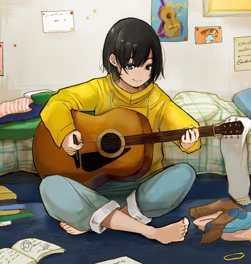 1girl bangs barefoot bed bed_sheet black_hair blue_pants book book_stack closed_mouth clothes_removed cushion eyebrows_visible_through_hair guitar highres holding holding_instrument hood hood_down hoodie indian_style indoors instrument long_sleeves music on_floor open_book original pants playing_instrument poster sako_(user_ndpz5754) sitting smile socks_removed solo toenail_polish yellow_hoodie