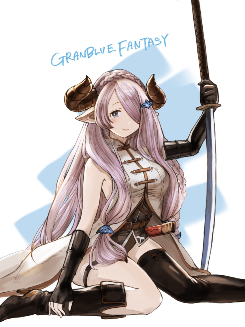 1girl asymmetrical_gloves asymmetrical_legwear bare_shoulders black_footwear black_gloves boots braid breasts closed_mouth commentary_request copyright_name elbow_gloves english feet_out_of_frame gloves granblue_fantasy grey_eyes hair_ornament hair_over_one_eye highres holding holding_sword holding_weapon horns jacket katana large_breasts legband long_hair looking_at_viewer narumeia_(granblue_fantasy) one_eye_closed pointy_ears revision sako_(user_ndpz5754) single_elbow_glove single_thigh_boot sitting sleeveless sleeveless_jacket smile solo sword very_long_hair wariza weapon